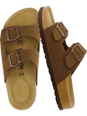 Women's Brown Suede Footbed Sandals Comfort Double Buckle Two Strap Flats Shoes